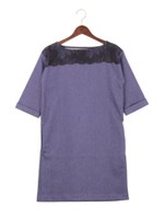 ★JC デニム風 レース重ね 6分袖/BLACK