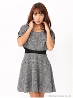 レースコンビ肩スリットチェックワンピース/グレー