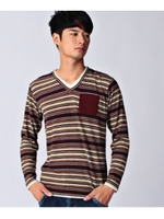 マルチボーダー起毛カットソー/ボルドー(064)