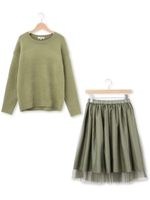 チュールスカート×ニットセット/カーキ(027)