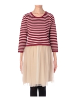 ニット×チュールボーダー切り替えワンピース/レッド系(364)