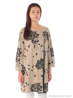 リボンフラワーブーケプリントワンピース/ベージュ