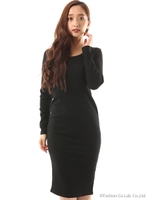 バックボタンタイトリブ長袖ワンピース/ブラック