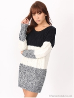 カラーブロックケーブルニットワンピ/サックス