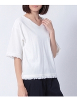 フリンジ使いVネックTシャツ/ダークブラウン(043)