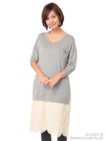 シェルレース刺しゅうMIXニットワンピース/ネイビー