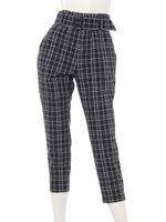 ベルト付きチェック柄クロップドパンツ/ネイビー