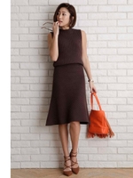 ワイドリブフレアニットワンピース/ライトベージュ