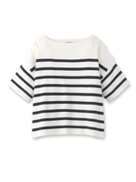 肩ボタンボーダーコットンニット/ブラック(319)