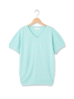 ラメボーダー半袖ニットプルオーバー/ライトブルー(091)