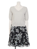 Vネックニット&ストライプフラワープリントワンピース/生成