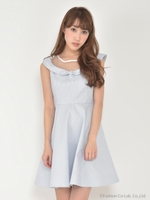 フロントリボンチュールストライプワンピース/ブルー