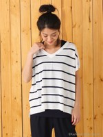 ボーダー ニット Tシャツ&タンクトップ セット/柄BLK