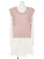 衿ぐりビジュー袖フリルトップス×プリーツスカート/オフ