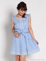 ギンガムチェック裾刺しゅうワンピース　3/サックス