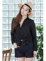 【AZUL by moussy】綿ジョーゼットレース前結長袖T/Bシャツプルオーバー/BLK