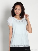 格子レース半袖プルオーバー/サックス