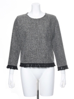 裾フリンジツィードトップス/ブラック