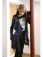 【AZUL by moussy】AオルテガJQDフリンジ長袖トッパー/柄NVY
