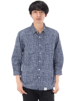 【AZUL by moussy】綿麻ギンガムチェック7分袖シャツ/柄NVY