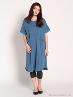 デニムライク天竺×布帛MIXワンピース/ブルー