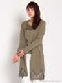 裾レースロングカーデ/カーキ
