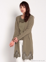 裾レースロングカーデ/カーキ