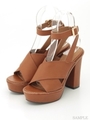 【R&E】ワイドクロスストラップ太ヒールサンダル/ブラウン