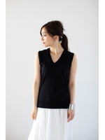 【AZUL by moussy】オーガニックコットンVネックノースリニットプルオーバー/柄BRN