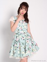 ウエストリボン付フラワーワンピース/ブルー