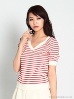 Vネックボーダー柄トップス/ネイビー