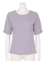 【2ndline】5分リボン袖ストライプ布帛ブラウス/ネイビー