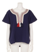 【Shelly island】タッセルモチーフ付コットンブラウス/ネイビー