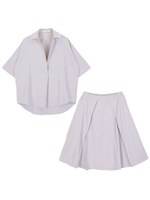 スキッパーシャツブラウス&タックスカートセットアップ/ストライプネイビー