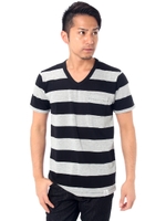 【AZUL by moussy】太ボーダーVネック半袖ポケT/T.GRY