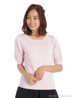 袖コード刺繍5分袖ニット/ライトグリーン