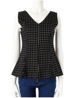 Vネックチェックぺプラムトップス/ブラック