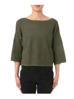 ボーダー編みラウンドネック七分袖ニット/カーキ(027)