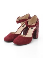 【R&E】スクエアトゥグリッター太ヒールセパレートパンプス/ブラックスエード