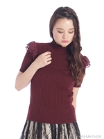 フリルショルダー半袖ハイネック/ブラウン