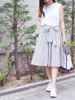 ウエストリボンストライプ フレアスカート/ネイビー