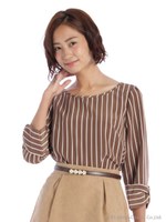 袖リボンモチーフストライプTブラウス/シロ