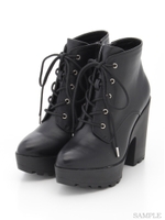 【R&E】レースアップ厚底ラバーソールショートブーツ/ブラック