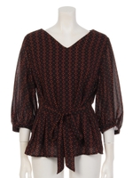 ドット柄ウエストリボン付Vネックブラウス/グリーン