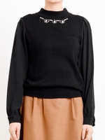 パール付袖異素材ニット/L/グレー