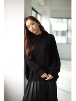 【AZUL by moussy】Aライン袖パフケーブルプルオーバー/BLK