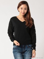 レース袖Vネックニット/レッド