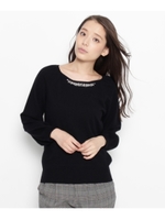 ストレッチ衿ビジューニットソー/オフホワイト(003)