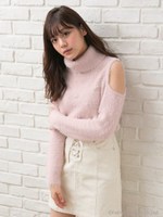 フェザーまみれ装飾肩あき/Knit/ピンク