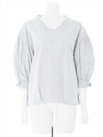 リボン袖ストライプ柄抜け衿プルオーバー/ネイビー